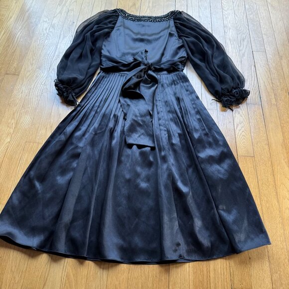 Lafayette 148 Size 4 Black Silk Sheer Sleeves Beaded Pleated Evening Gown - Picture 8 of 16